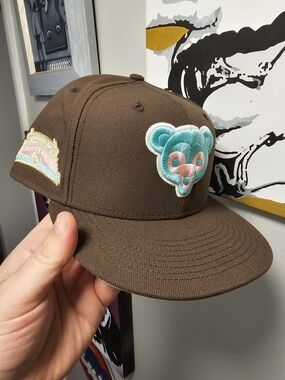 New Era Brown Snapback Hat with Teal & Pink Bear Patch